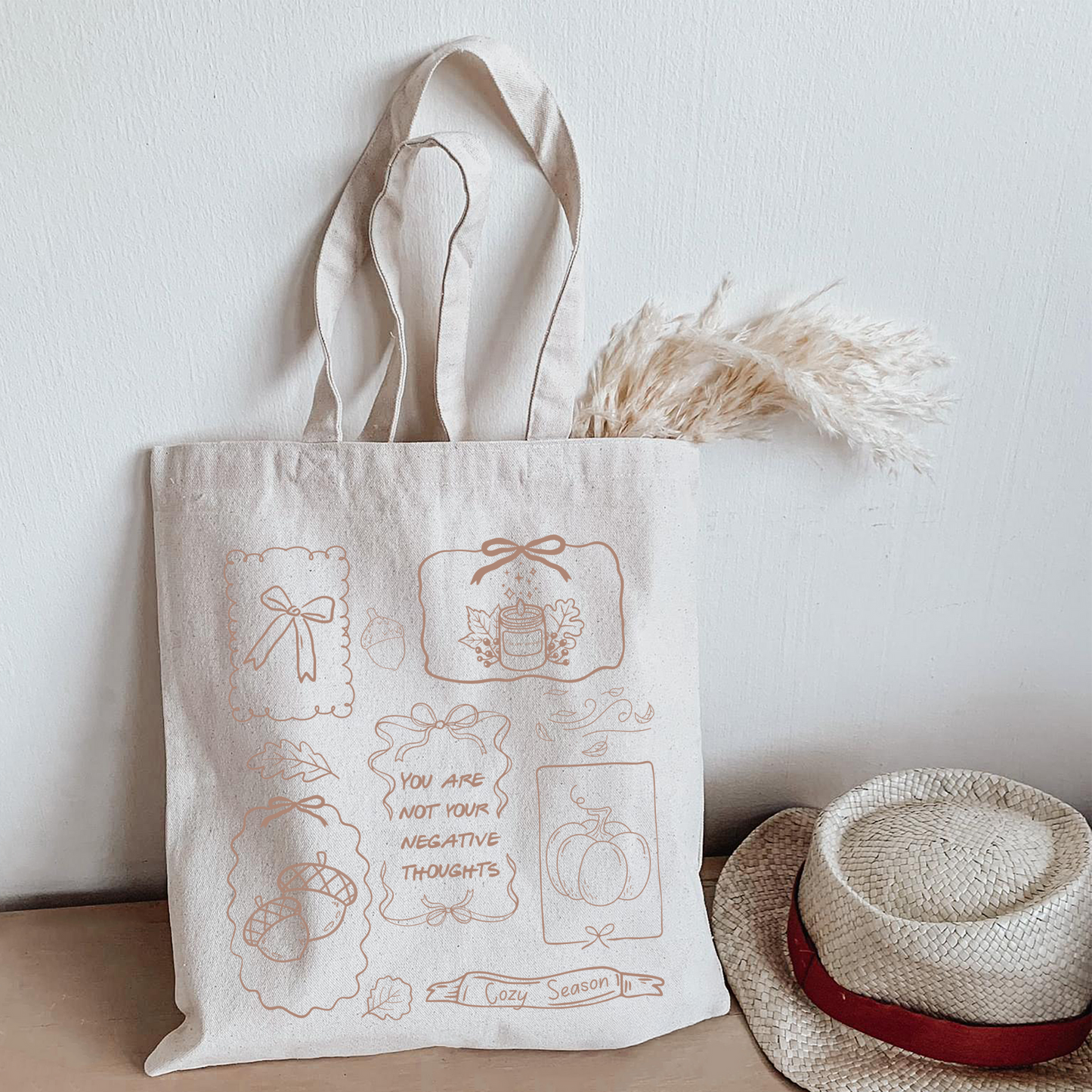 Fall Tote Bag with Positive Affirmation | Cozy Season Autumn Doodle Design
