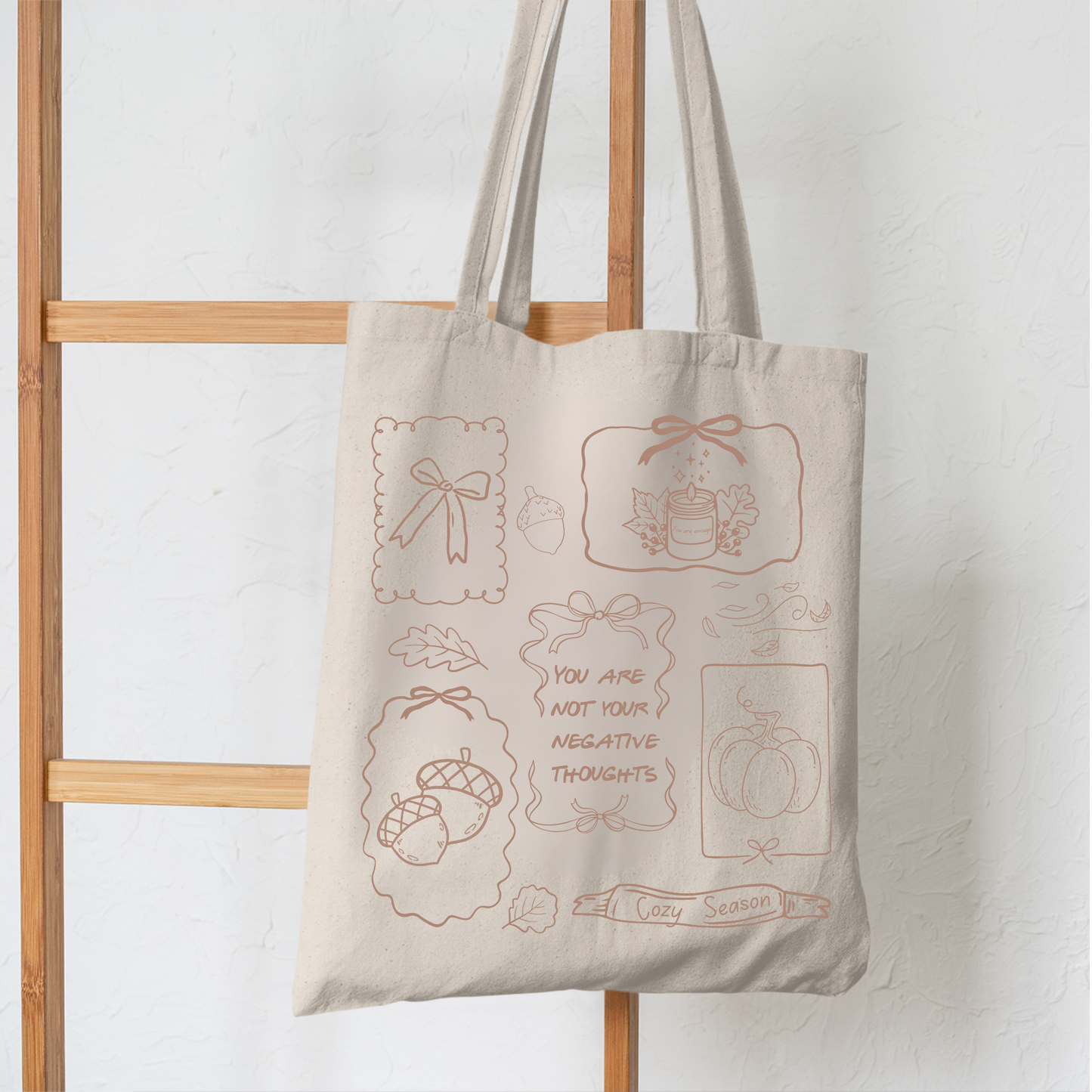 Fall Tote Bag with Positive Affirmation | Cozy Season Autumn Doodle Design