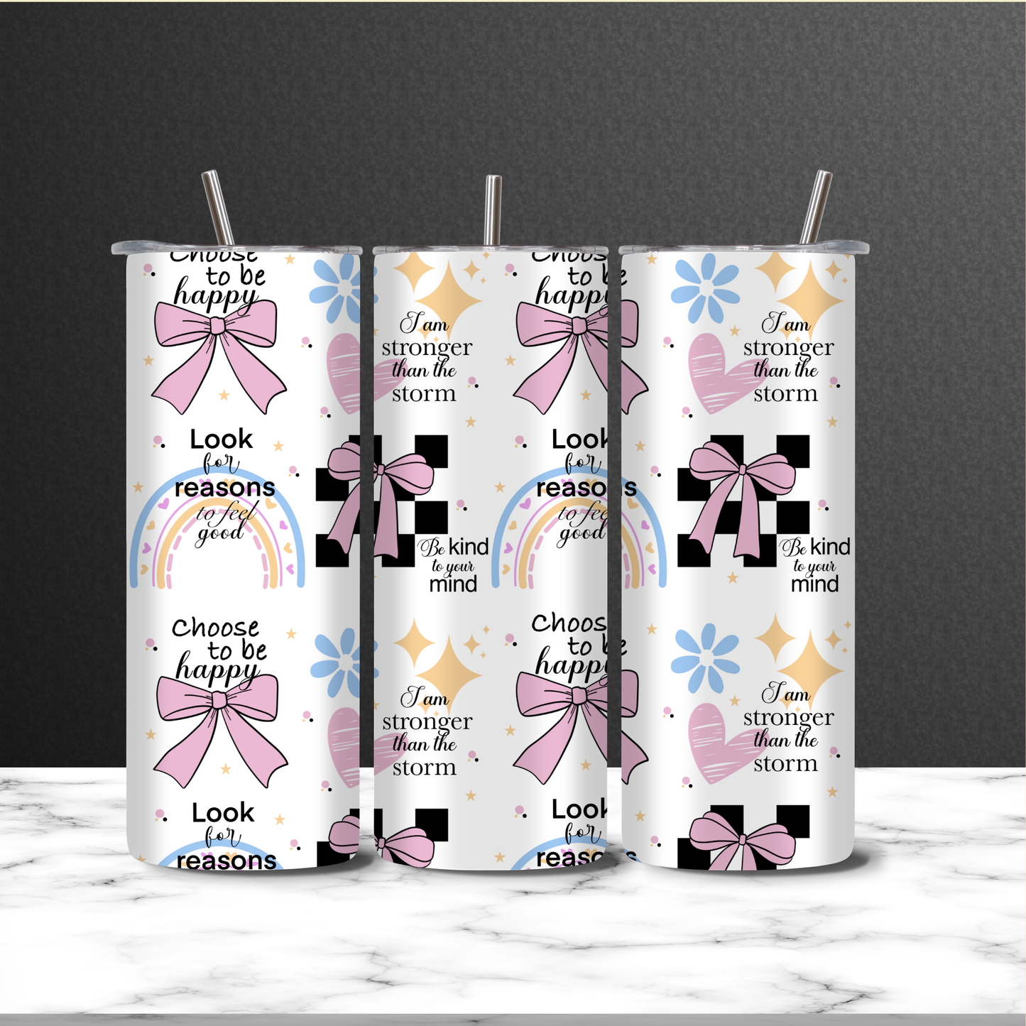 Affirmation Tumbler 20oz Skinny | Pastel Bow & Rainbow Tumbler