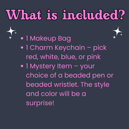Makeup Bag Gift Set with Charm Keychain & Mystery Beaded Pen or Wristlet