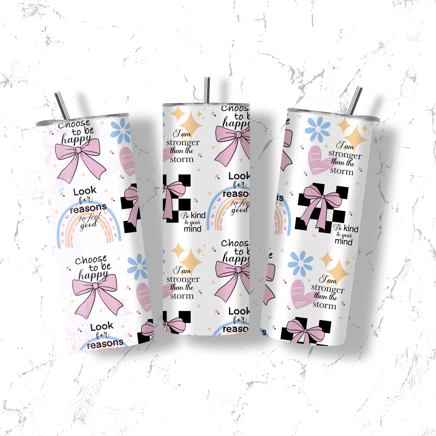 Affirmation Tumbler 20oz Skinny | Pastel Bow & Rainbow Tumbler