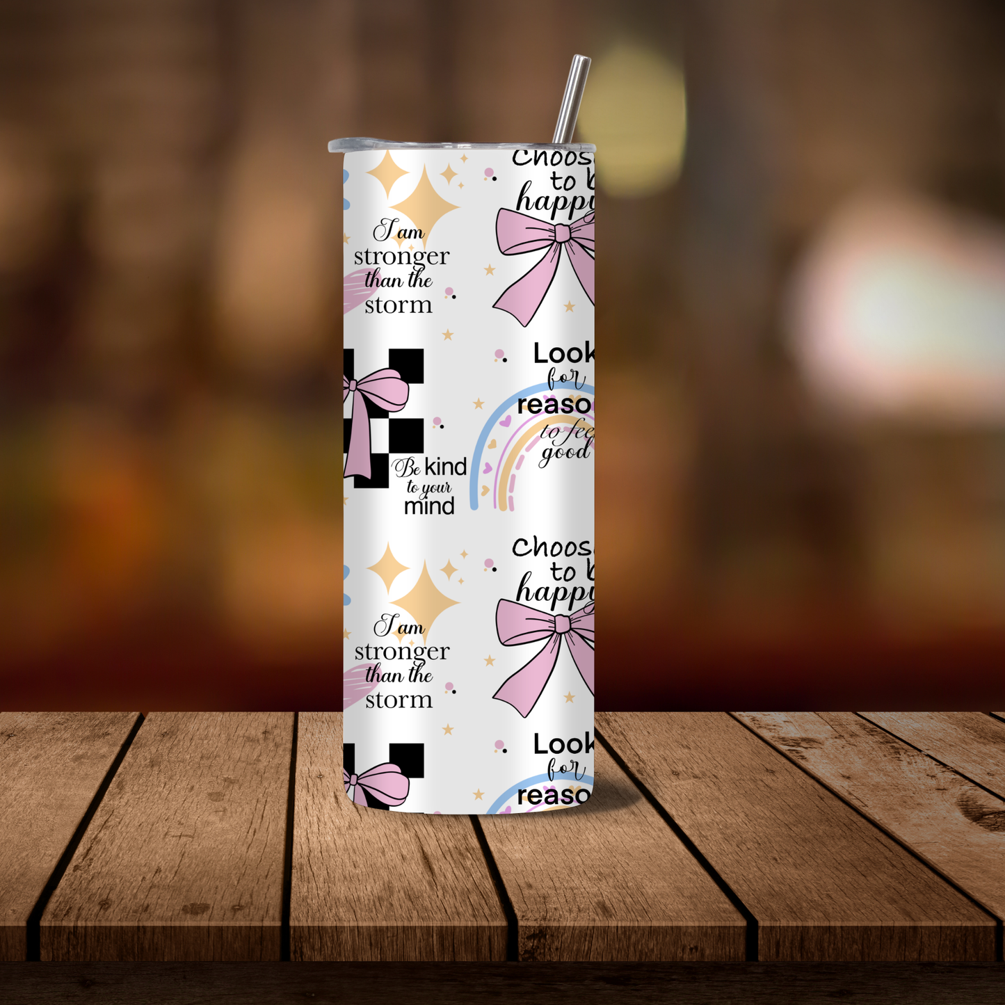 Affirmation Tumbler 20oz Skinny | Pastel Bow & Rainbow Tumbler