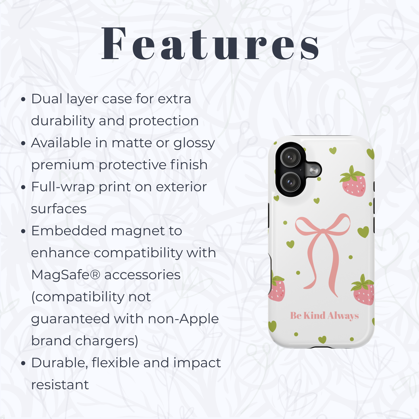 Be Kind Always Strawberry Phone Case — Magnetic Impact-Resistant Phone Case with Bow Aesthetic