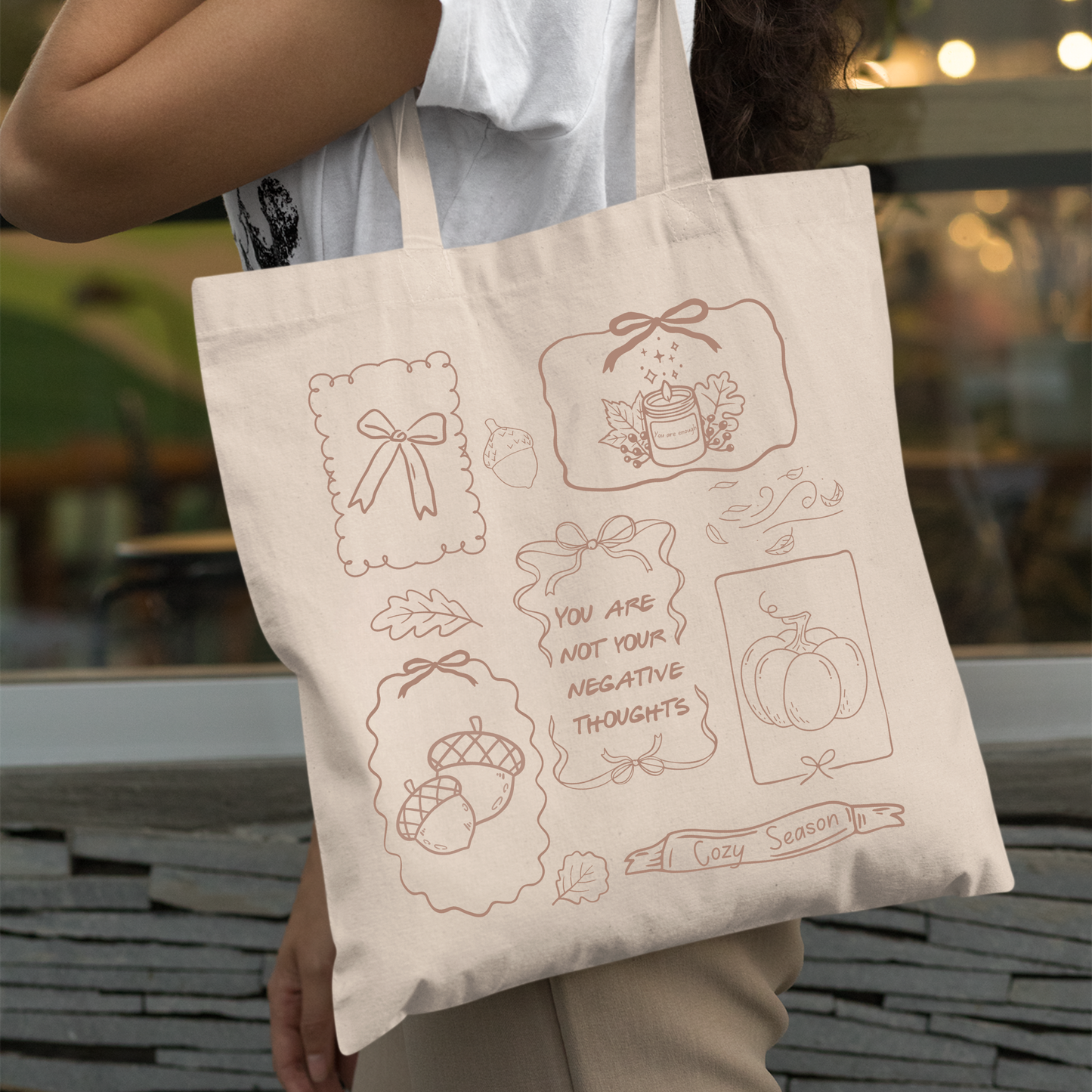 Fall Tote Bag with Positive Affirmation | Cozy Season Autumn Doodle Design
