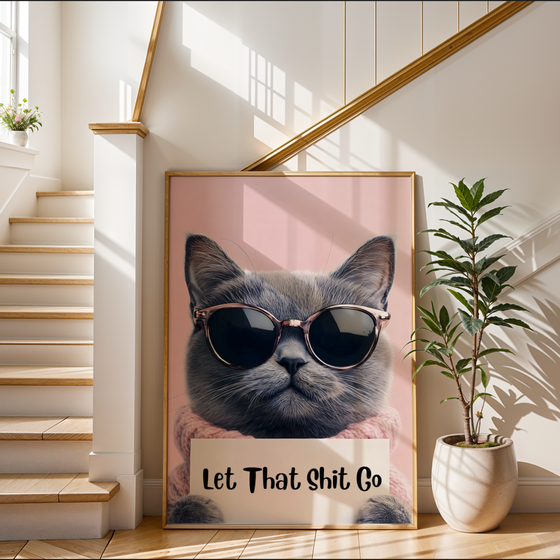 Poster of a cat wearing sunglasses with text in a home setting